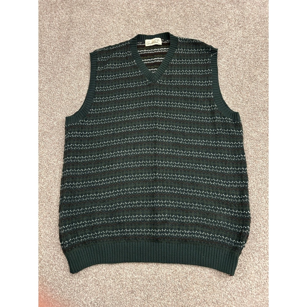 Arnold Palmer Sweater Vest Mens L Green Striped V-Neck Knit Acrylic Excellent